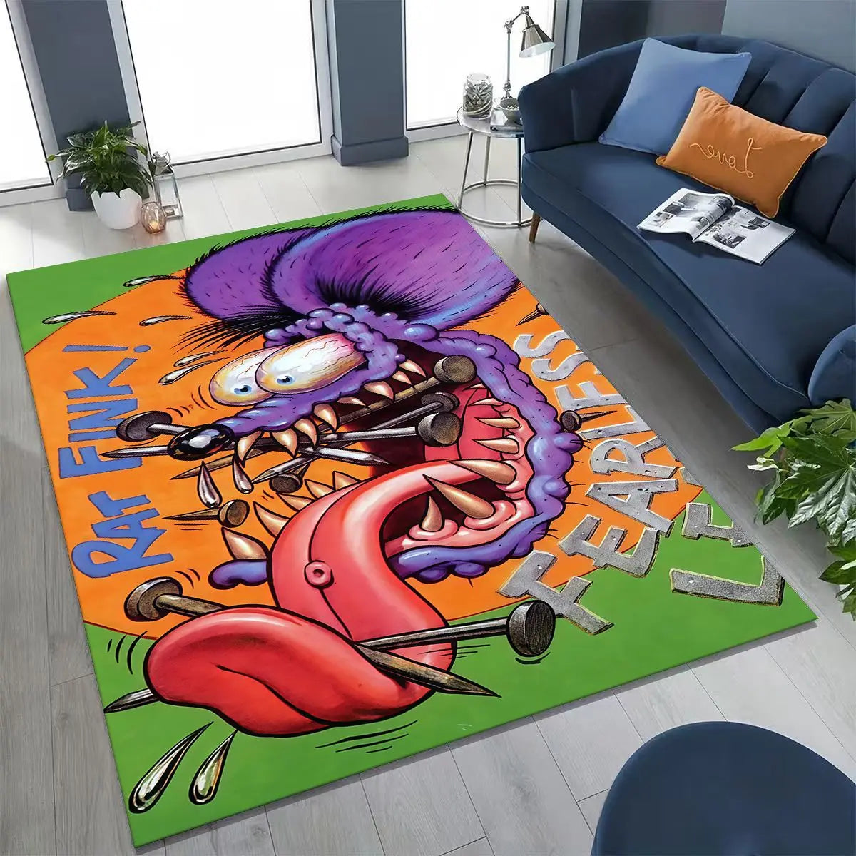 3D Rebellious RAT FINK Cars Sign Cartoon Rug for Bedroom Living Room Sofa Home Doormat Decor, Large Kids Play Non-slip Floor Mat