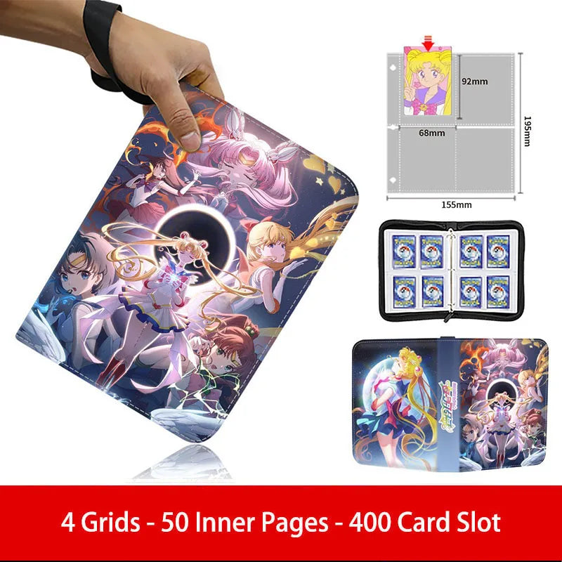 400pcs/900pcs Sailor Moon Card Album Book Folder 4/9 Card Slots Collections Zipper Double Pocket Zipper Card Binder Holder