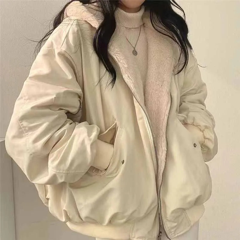 Lucyever Two-Sided Wear Fleece Warm Jacket Women Autumn Winter New Zipper Hooded Parkas Coat Female Loose Thick Thermal Outwear