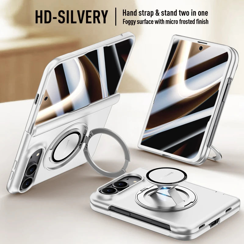 For Magsafe Magnetic Metal 360 Rotating Holder With Tempered Glass Film Protect Phone Case For iPhone Duo Spring Hinge Cover