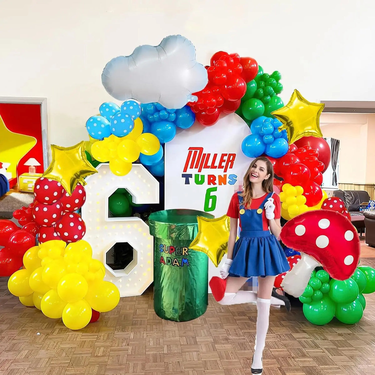 Red Blue Green Yellow Cloud Mushroom Star Balloons Arch Kit for Cartoon Video Game Super Bros Birthday Inspired Party Decoration