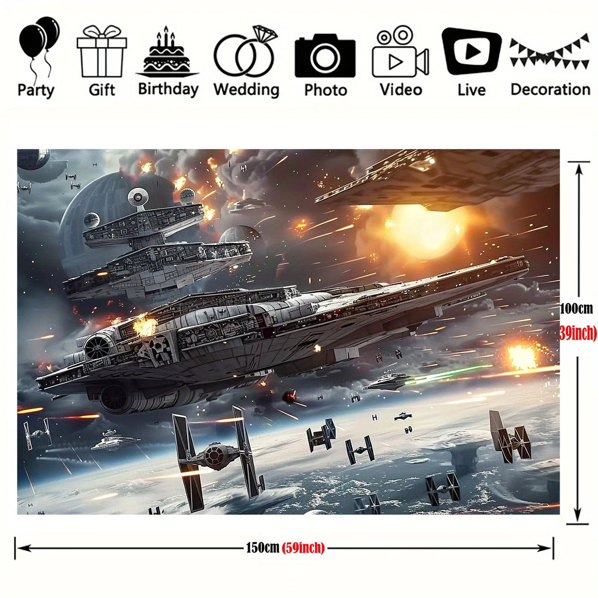 1 2D flat background piece of outer space galactic war theme - polyester, suitable for sci-fi themes and birthday decorations