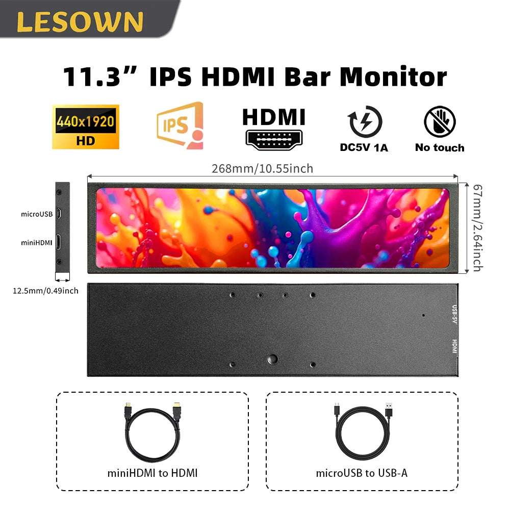 LESOWN 11.3'' Portable Auxiliary Monitor Stretched Display 440x1920 Ultra Slim Bar Screen for Laptop PC Ps Pr Additional Monitor