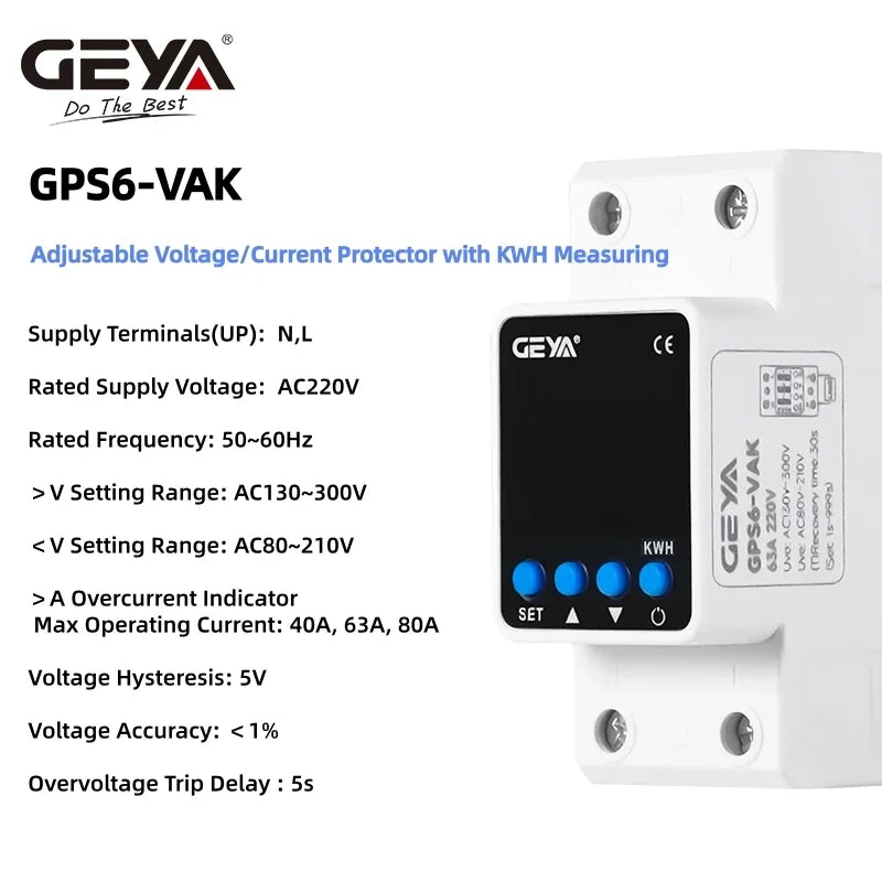 GEYA Din Rail Adjustable Over Voltage Under Voltage Protection Device 40A 63A 80A 220VAC Digital Display Voltage Protector