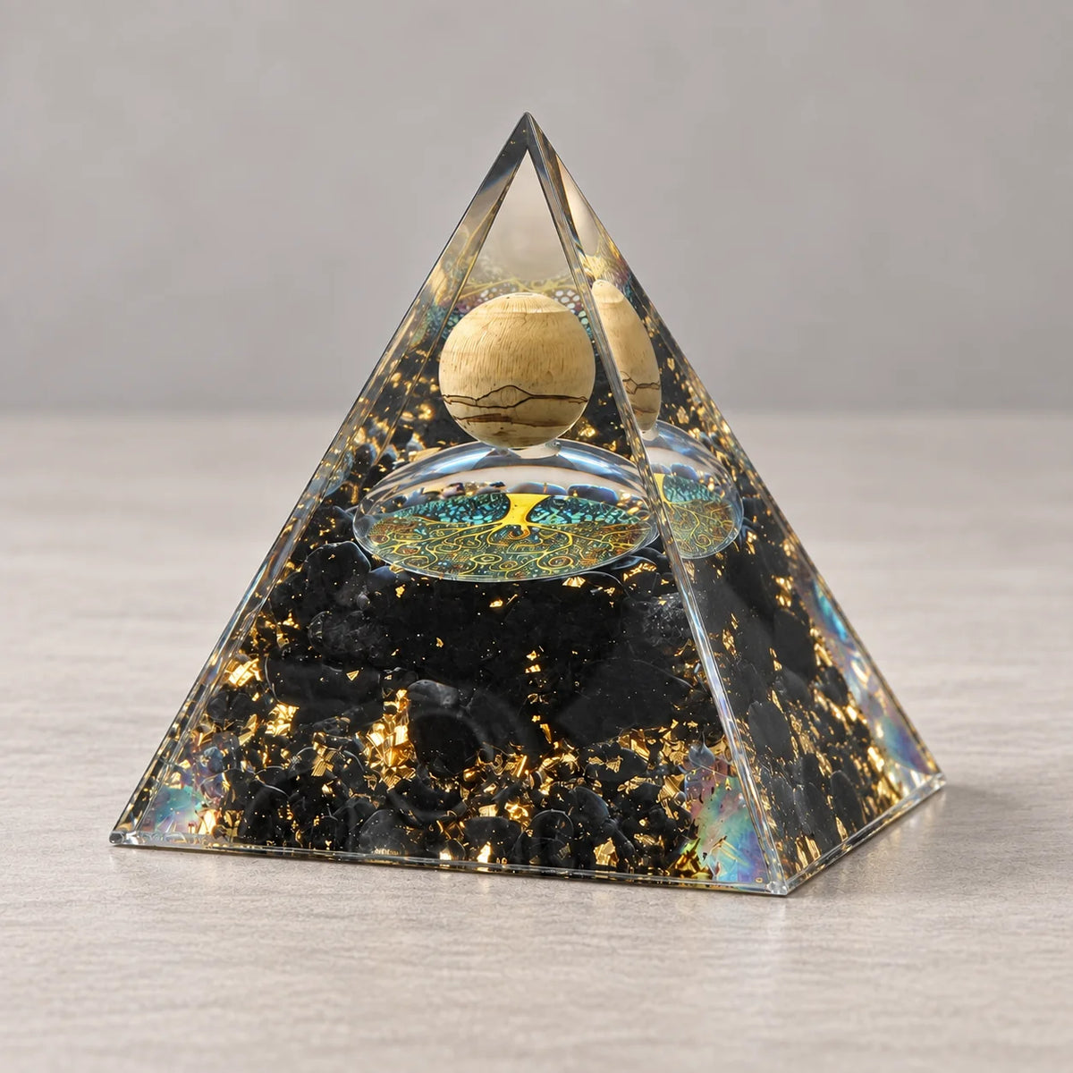 Orgone Pyramid with Picture Jasper Sphere Tree of Life Obsidian Gravel Orgonite Energy Generator Meditation Home Ornament