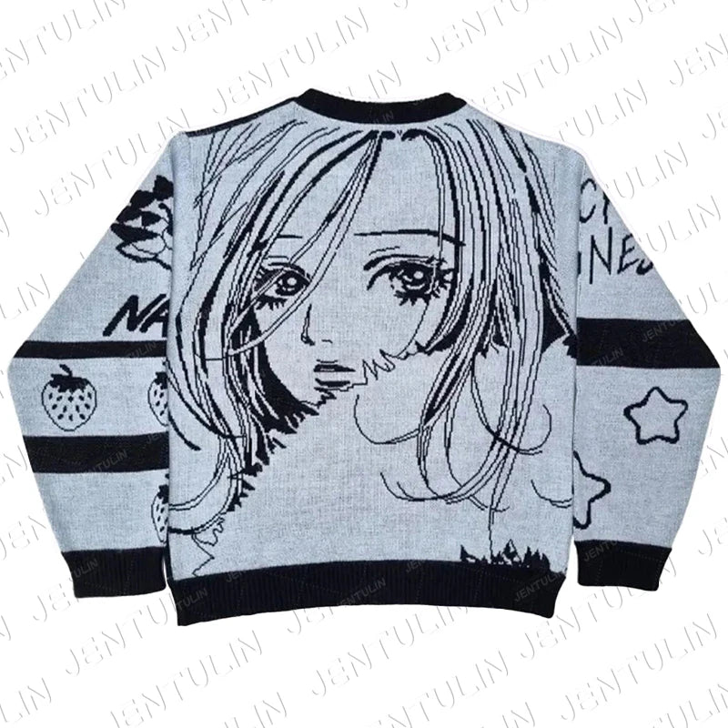 Y2K Harajuku Cartoon Girl Pattern Sweater Japanese Anime Women's Loose Long Sleeve Pullover Goth Retro 2000s Sweater Sweatshirt