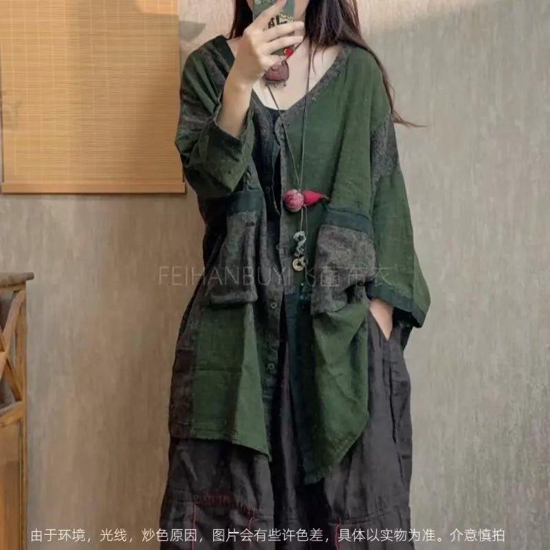 2026 Spring Autumn New Arts Style Women Single Breasted V-neck Long Coat Vintage Patchwork Print Cotton Linen Loose Jackets F89
