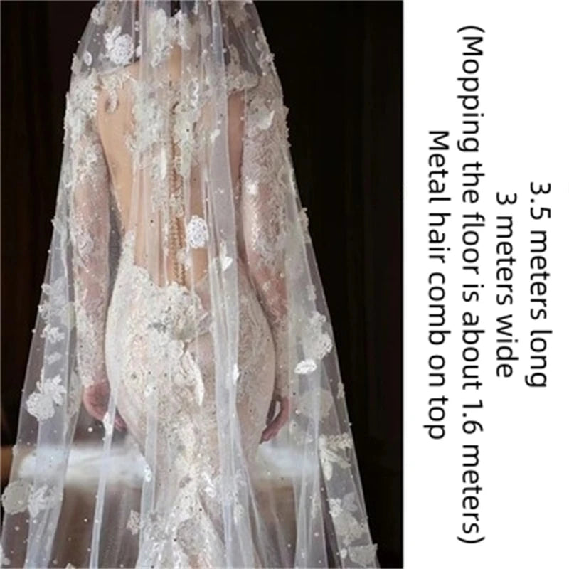 Champagne Long Bridal Veils White Cathedral Lace Flower Veil Pearl Beading Wedding Dress Accessories Women's Props Party 2026