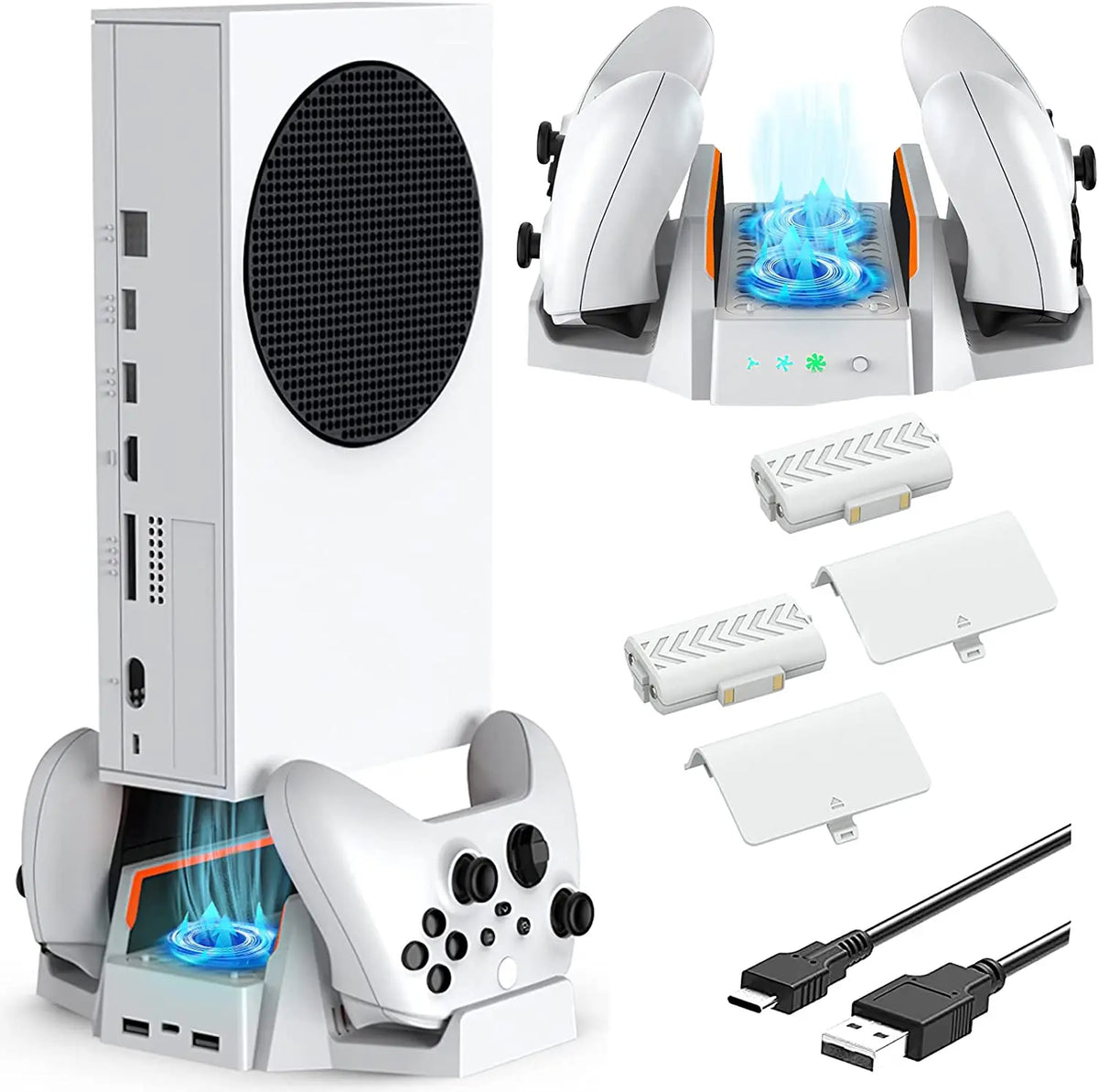Cooling Stand for Xbox Series S with Dual Cooling Fan Dual Controller Charging Dock with LED Indicator and Extra Two 800mAh Rec