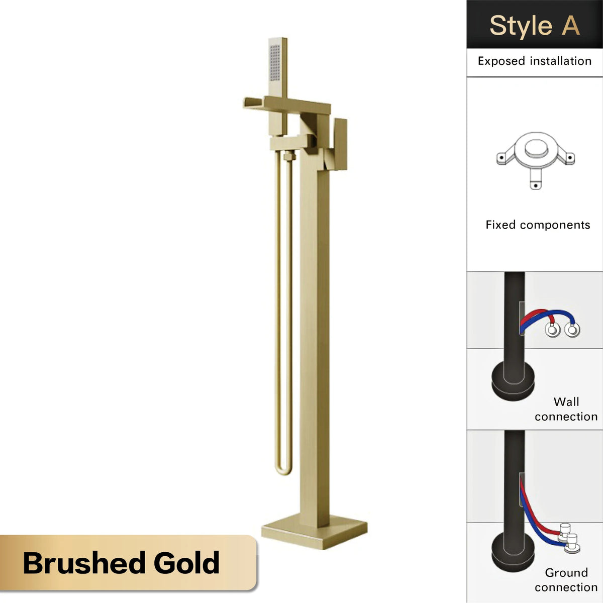 AITANA Luxury Black Brass Floor Standing Bathroom Faucet with Waterfall Water Outlet Design, Hot and Cold Bathtub Mixer