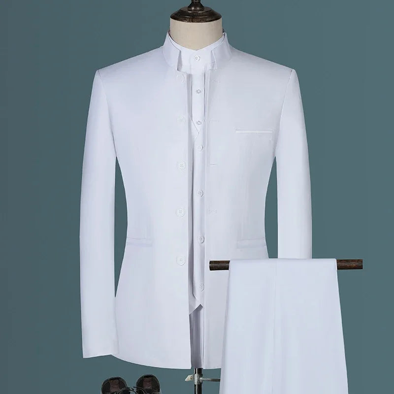 Stand Collar Men Blazer Pants Business Men's Wedding Suit Jacket Coat Trousers Waistcoat High Quality Slim Dress Set