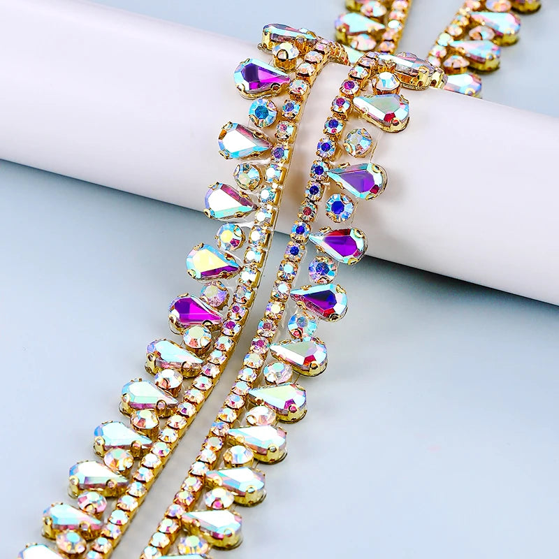 QIAO Multi-color Crystal Glass Rhinestone Border Diamond Ribbon Iron On DIY Wed Dress Skirt Clothing Accessories Diamond Strips