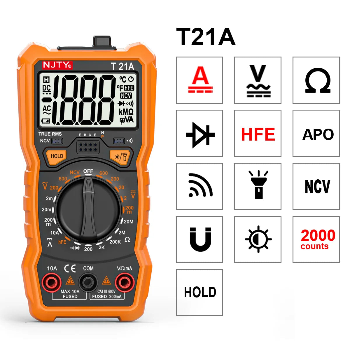 NJTY T21 Professional True RMS Digital Multimeter 6000 Counts True-RMS Auto/ Manual Range AC/DC Voltage Anti-Burn Voltmeter