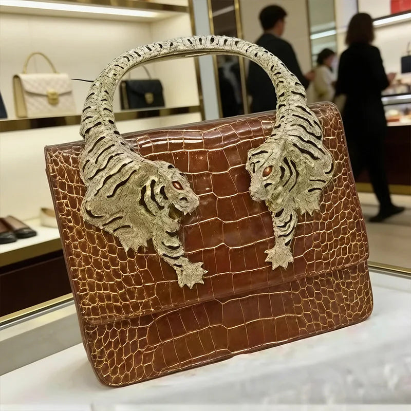 2026 New Luxury Designer Handbag for Women Crocodile Effect Leather Tiger-sculpted Top Handle Fashion Evening Shoulder Bag