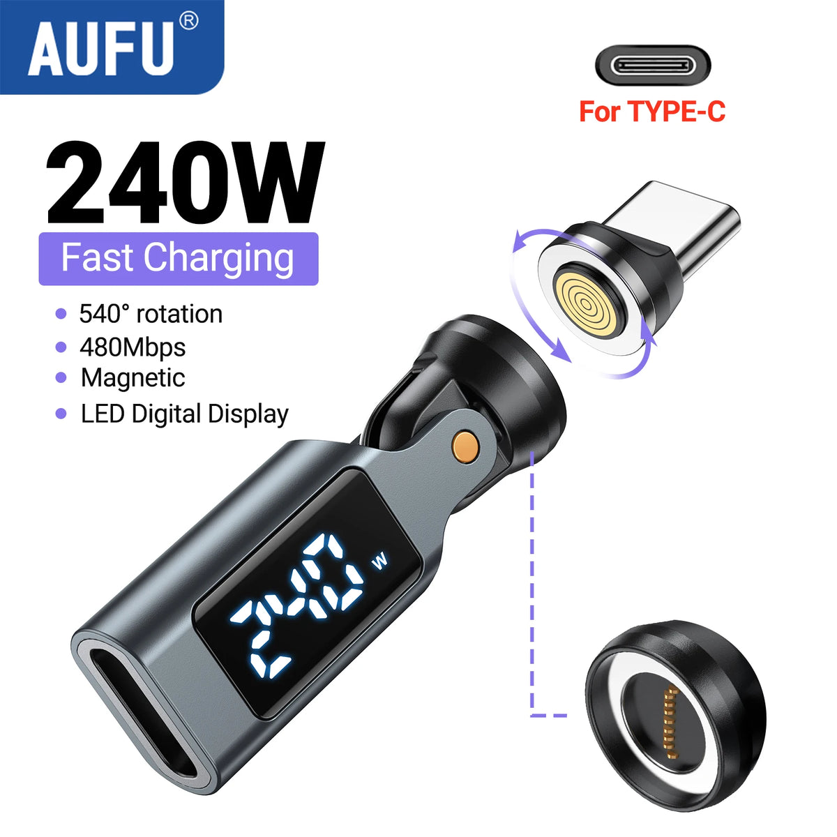AUFU 9Pin Digital Display USB C to Type C Magnetic Adapter PD240W Fast Charging USB-C Female OTG Converter for Samsung Laptop