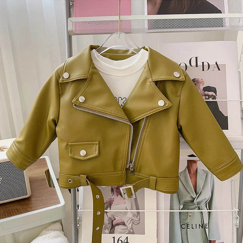 Motorcycle Girls Handsome Leather Jacket Spring Autumn New Short Style Lapel Zipper Coat For 2-8 Years Kids Fashion Pu Outerwear