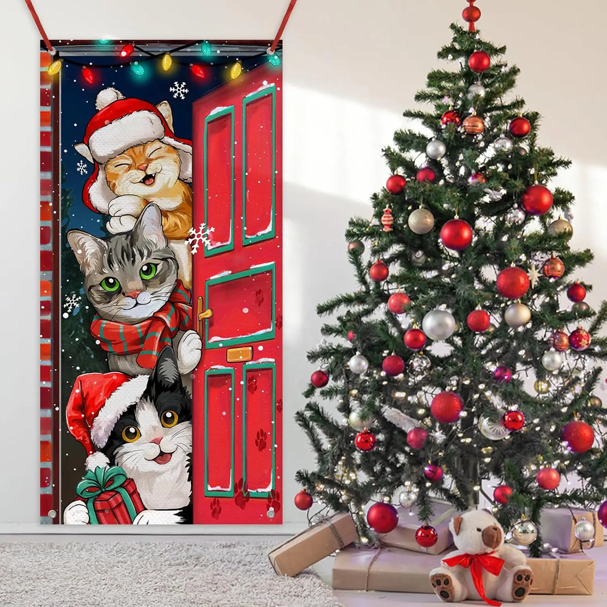 Christmas Tabby & Tuxedo Cat Decorations, Xmas Orange Front Door Banner,Christmas Door Cover Winter Holiday Indoor/Outdoor Fun