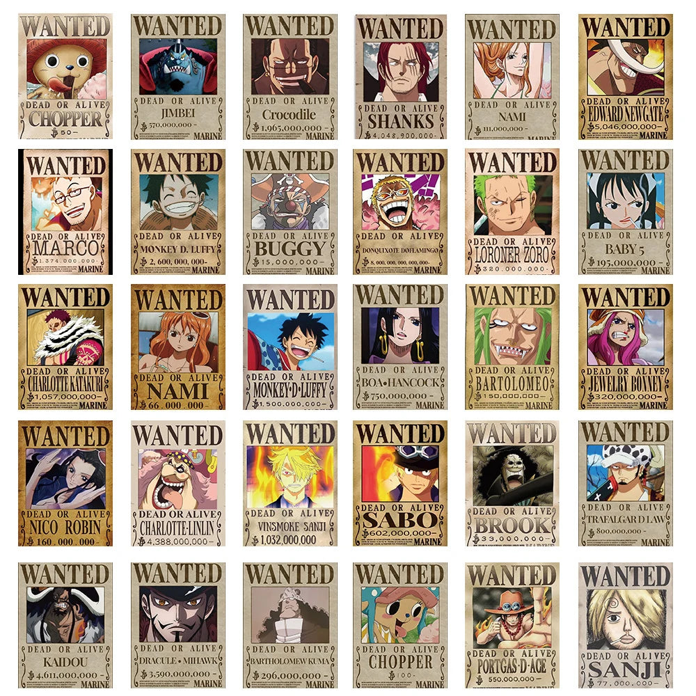 10/30/56pcs Anime One Piece Wanted Posters Stickers Cartoon Decals Cool Laptop Decoration Wall Waterproof Sticker for Kids Toys