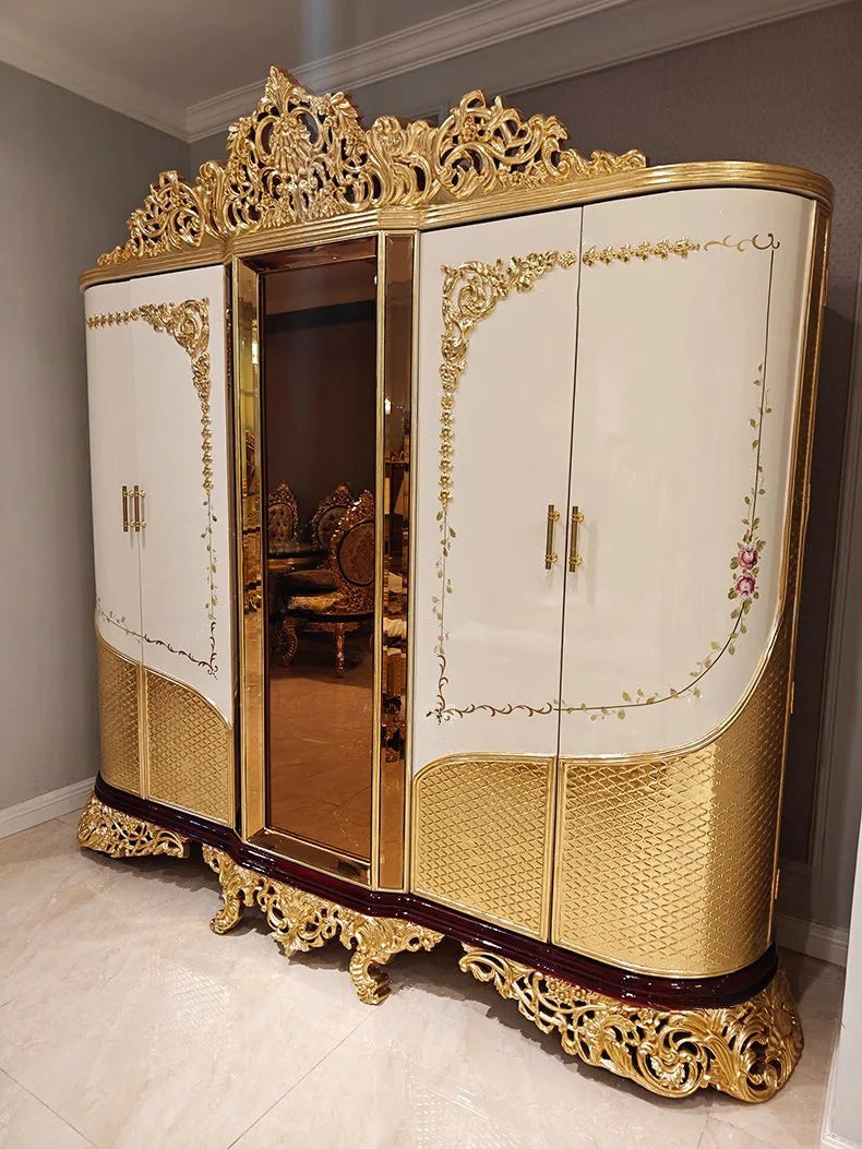 &French Style Solid Wood Bedroom Wardrobe Villa Luxury White Flat Door Locker Hand-painted Art Gold Foil High-end New