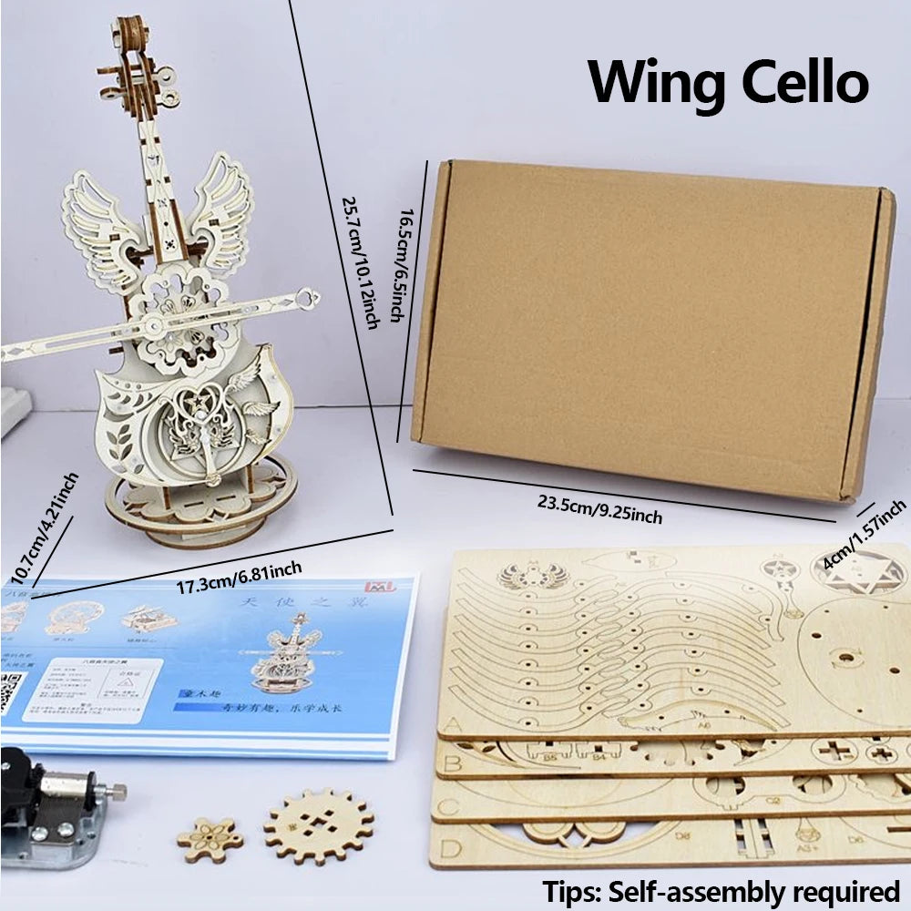 3D Puzzle Wooden Cello Model DIY Assembly Violin Music Box Building Kits Home Living Room Decor Crafts Gift for Adults Kids