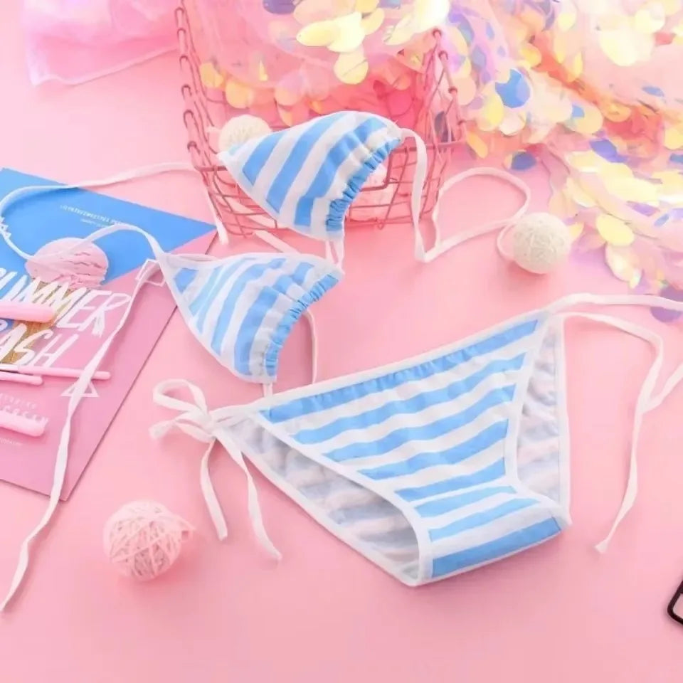 Japan Sexy Lingerie Lolita Kawaii Blue Pink White Striped Mini Bikini Adult Cosplay Women Bra Underwear Frenum Swimsuit Set