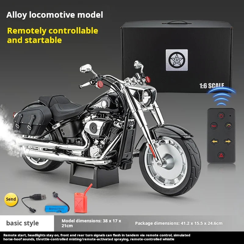 1:6 Harley Fat Boy Retro Heavy Motorcycle Diecast Alloy Simulated Remote Control Ignition & Spray Effect Toy Model Collect