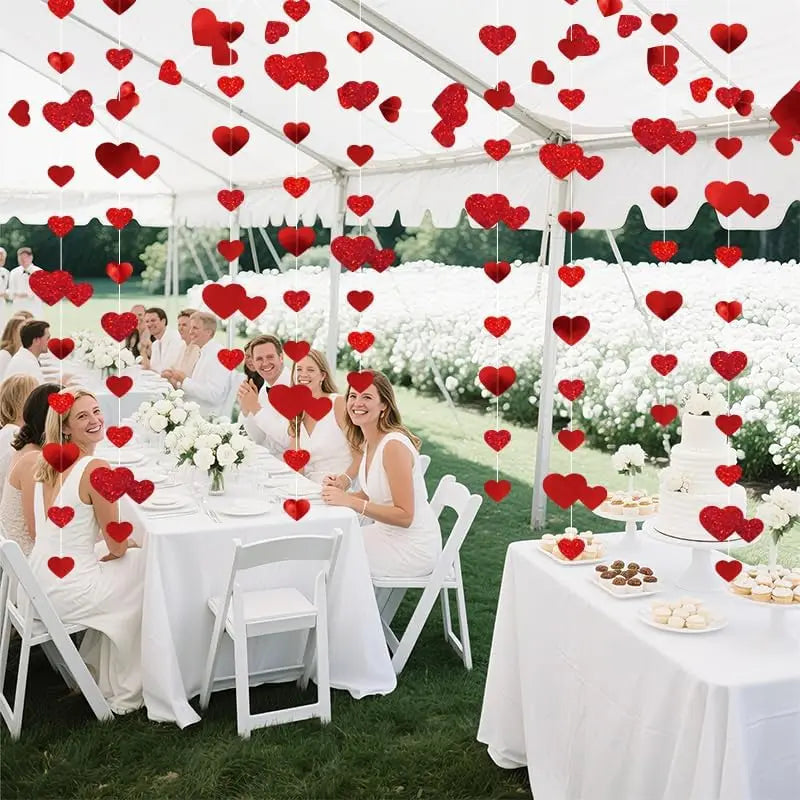 1-4PCS Red Heart Garland Metallic Glitter Hanging Heart Streamer Banner for Anniversary Mother's Day Engagement Wedding Supplies