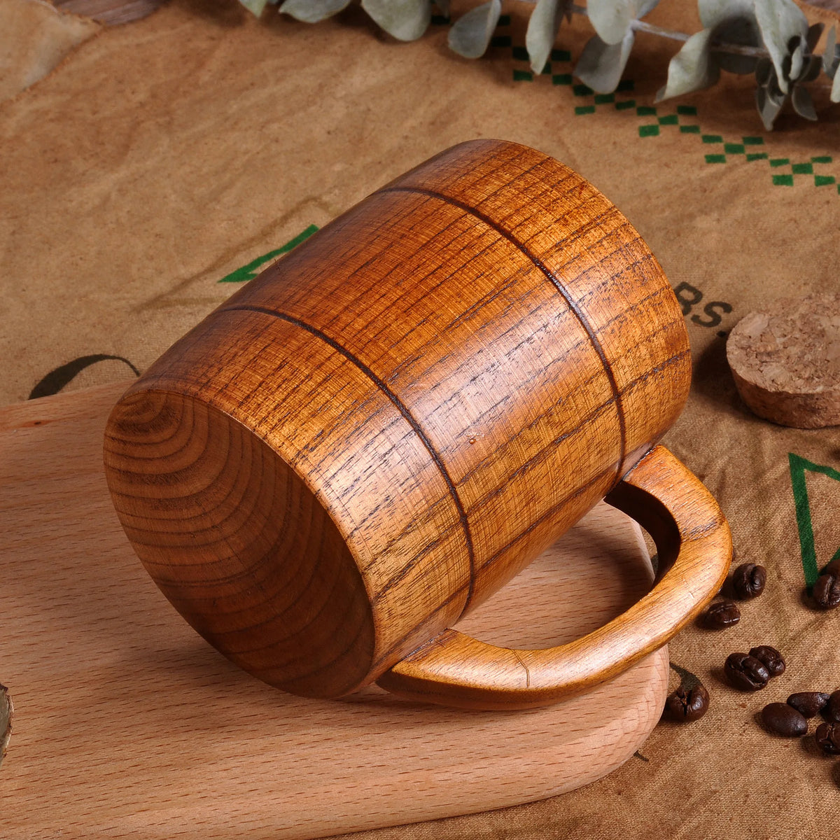 320ml Handcrafted Wooden Coffee Mug Natural Drinkware Cup Vintage Solid Wood Beer Mug with Handle Eco-Friendly Cup