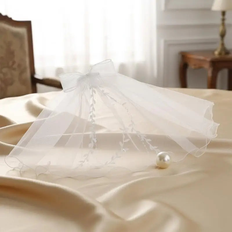 Elegant Bridal Veil Two Layer Tulle Bow Lace Edge Classic Simple for Wedding Photo Events