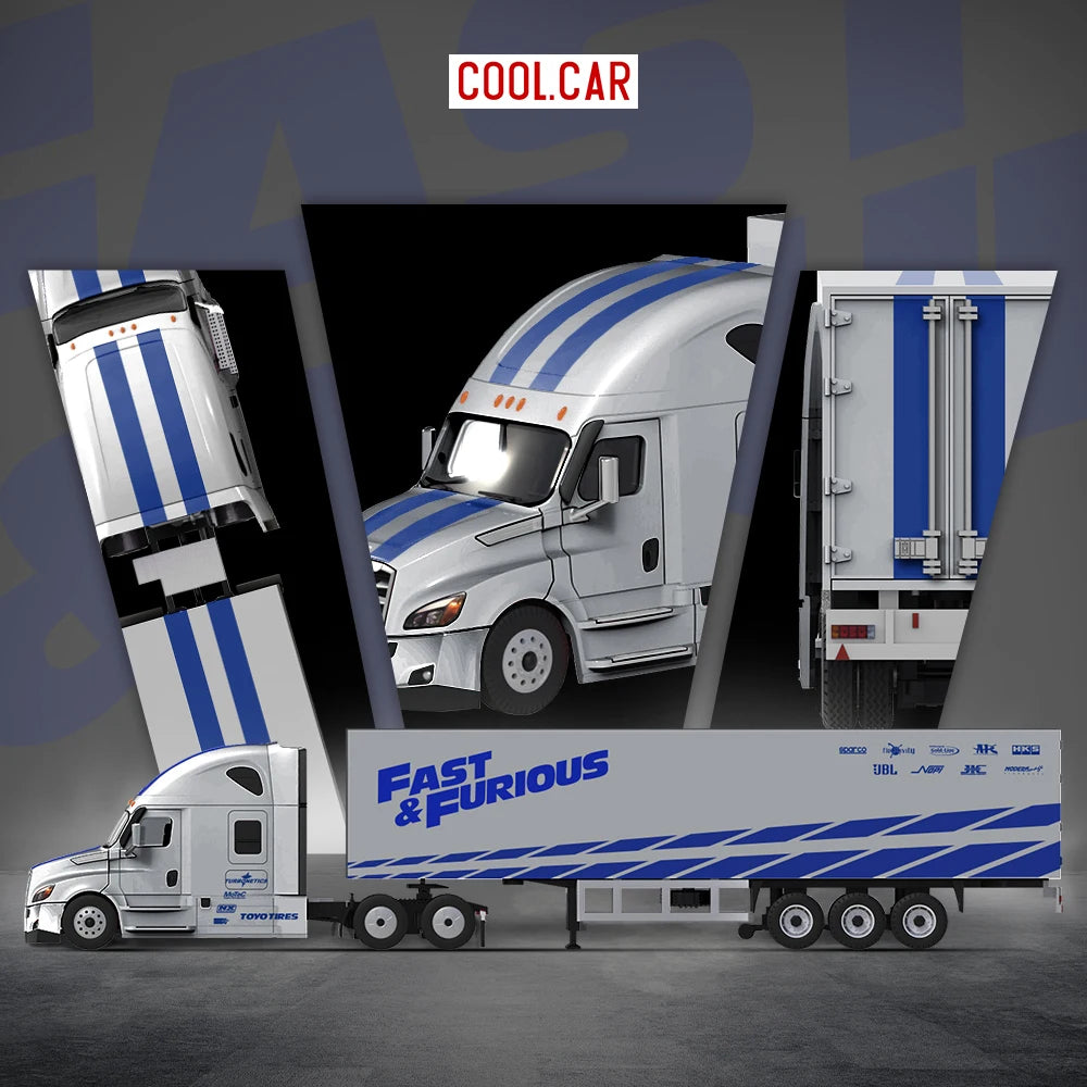 Cool Car 1/64Blue Silver Striped Livery Heavy Truck Diecast Alloy Model Mini Simulation Lorry Desktop Hobby Collectible Ornament
