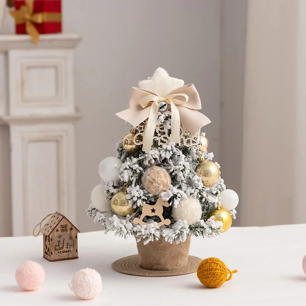 2025 Mini Flocking Christmas Tree with Golden Red Ball Led Lights Desktop New Year Home Christmas Decorations