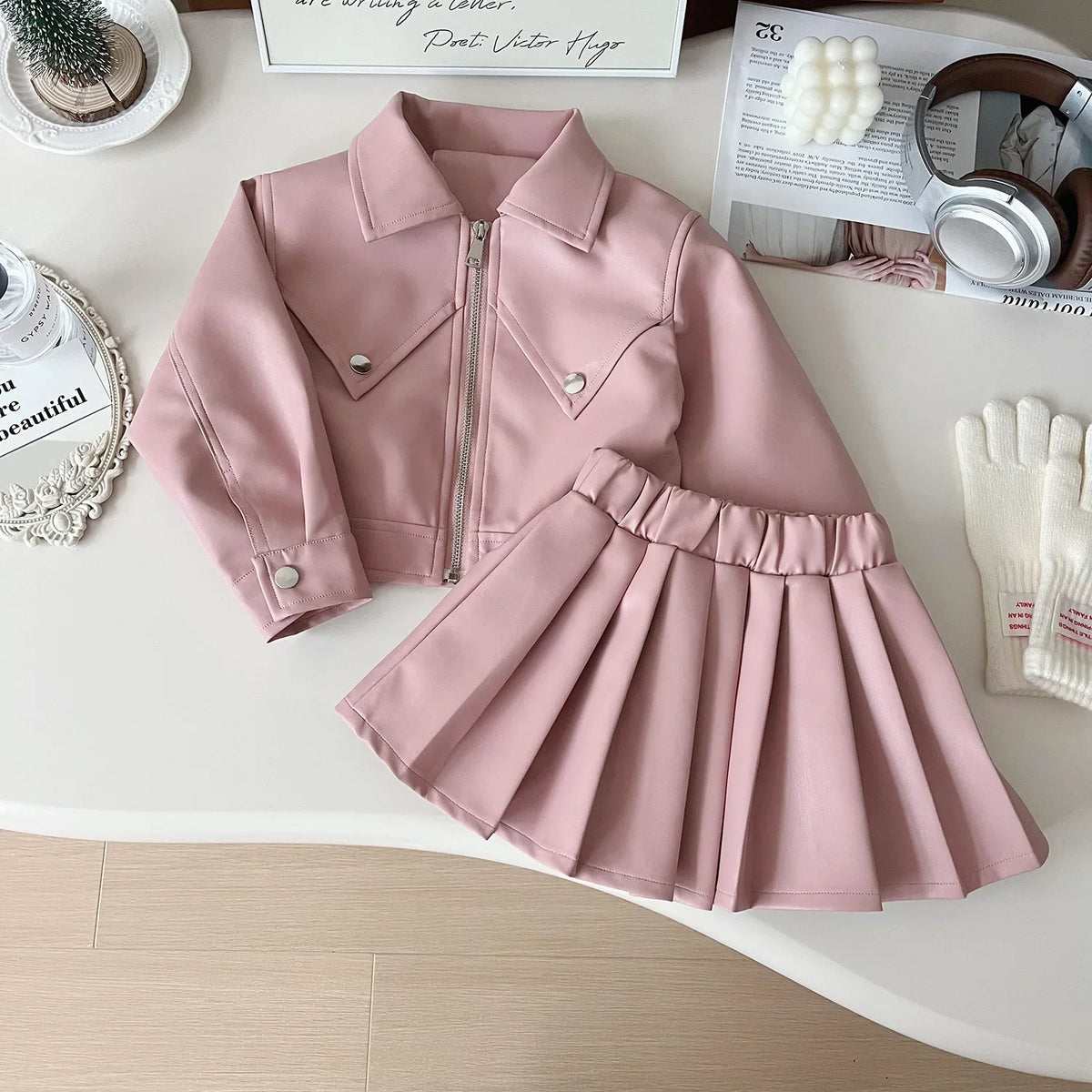 Two-piece Set for Girls Handsome Lapel Solid Leather Top + Solid Leather Pleated Skirt Kids Clothes Girls Toddler Girl Clothes