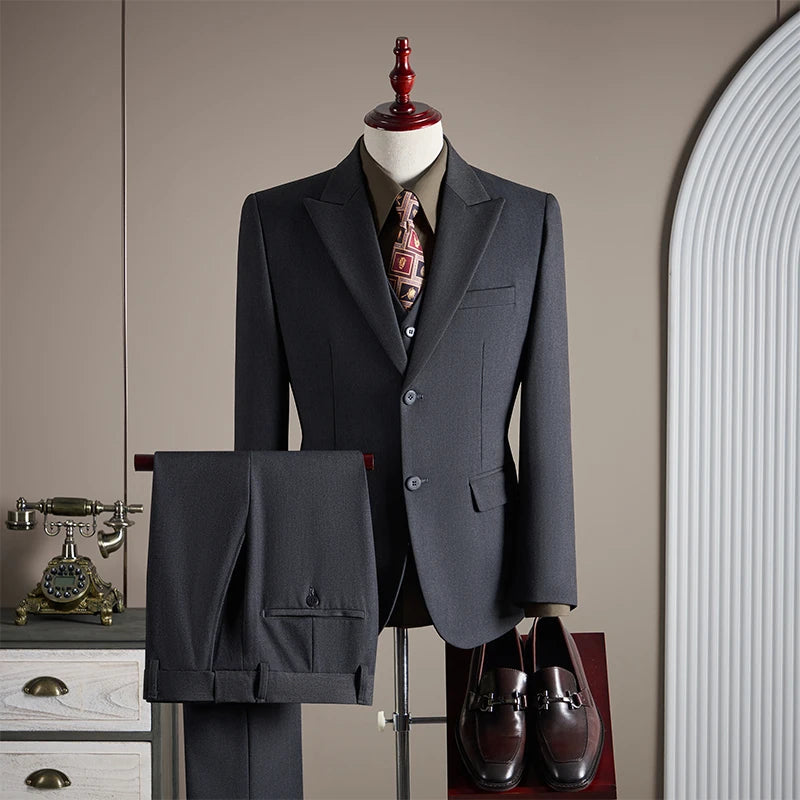 High-End Wool Suit Set for Men, Fashionable and Stylish Business Casual Three-Piece Suit, Tencel Suit, Groom's Wedding Dress