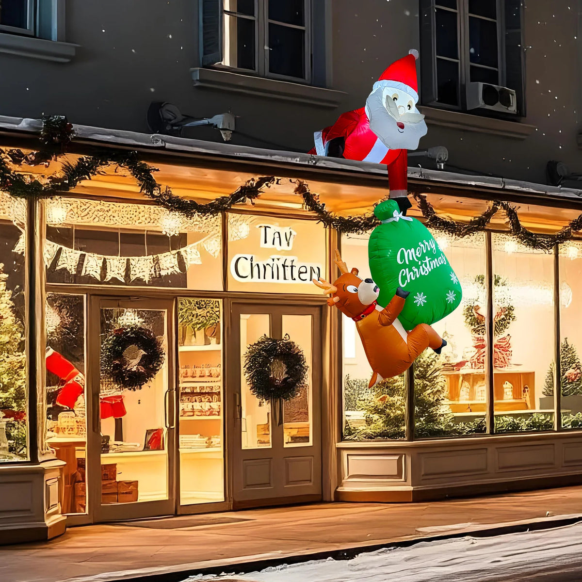 8Ft Inflatable Santa Claus Pulling Reindeer, Suitable for Christmas Parties, Banquets, Patios, Restaurants, and Roof Decorations