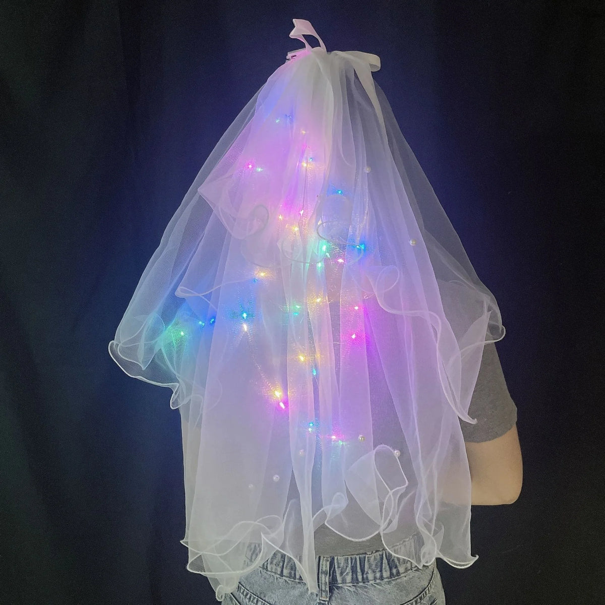 Light Up Veil White LED 2-Tier Veil with Hairpin Pearl Hair Accessories for Women and Girls Bride Wedding Festival Hair Piece