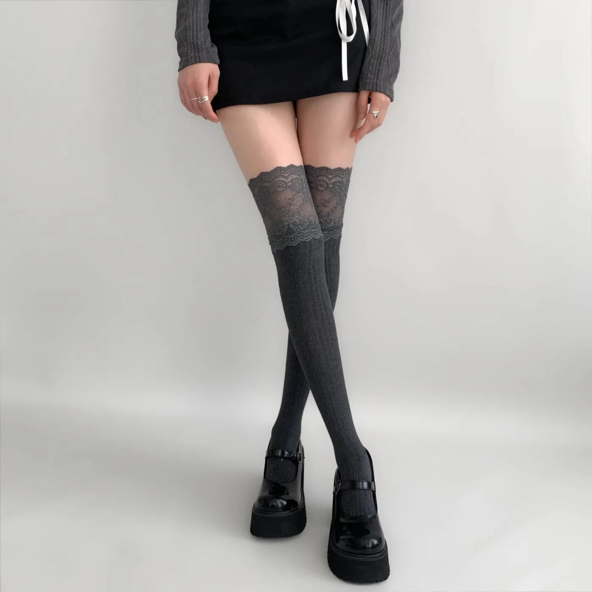Women's Lace Trim Over the Knee Socks Lolita Ruffle Top Thigh High Stockings Japanese Style Knit Long Socks Casual Slouch Socks