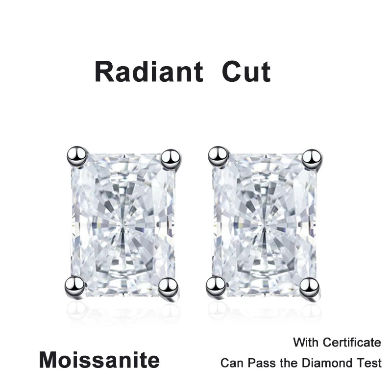 NeeTim 1CT 2CT Emerald Radiant Cut Moissanite Studs Earrings for Women Sparkling 925 Sterling Silver Earring Wedding Jewelry