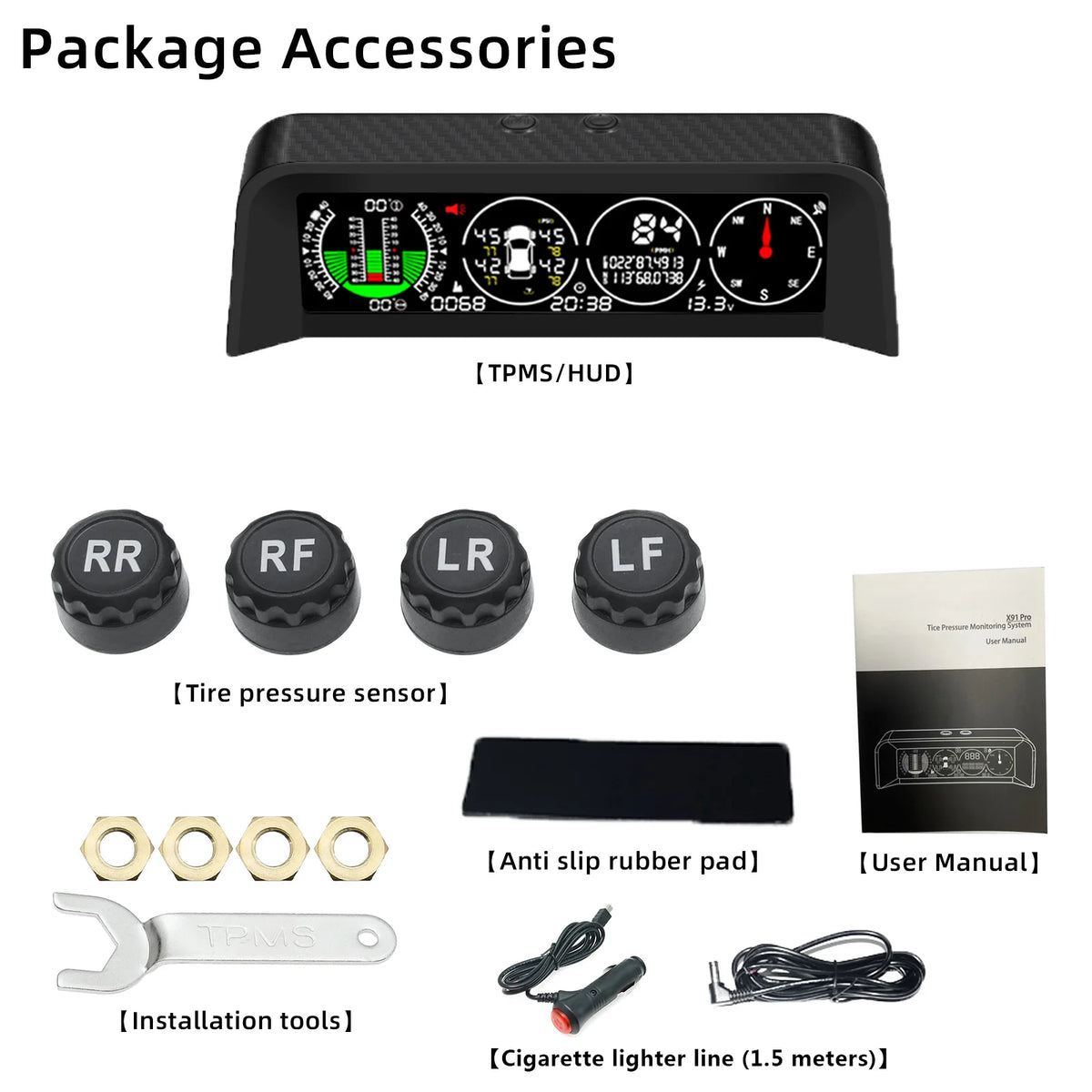X91-WZ GPS TPMS Tire Monitor Inclinometer Gague Top View Angle Inclinometer Digital Car Compass Overspeed Alarm Car Speedometer