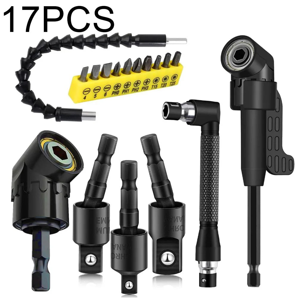 Flexible Drill Bit Extension Set, 105° Right Angle Drill Attachment Hex Adapter Socket Bendable Magnetic Extender Screwdriver