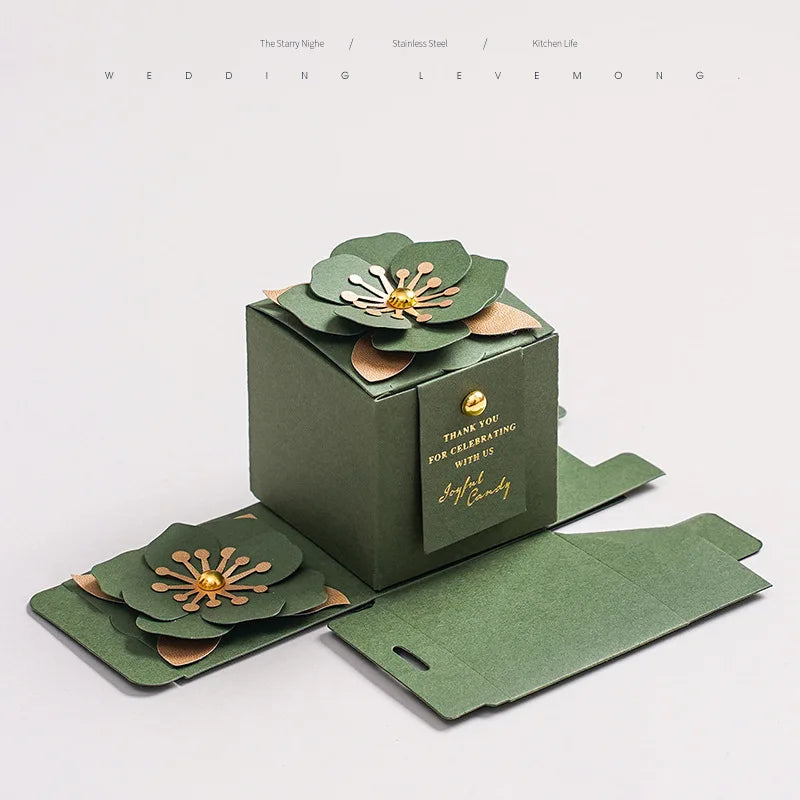 10pcs Forest Style Green Wedding Candy Box Square Three-dimensional Flower Box Packaging Gift Box Wedding Favors for Guests