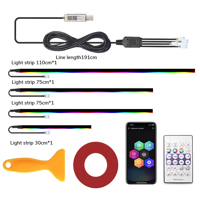 RGB USB Car Interior Decorative Lamps Strips Atmosphere Lamp Skylight Ambient Light App Remote Control Atmosphere Lamp Universal