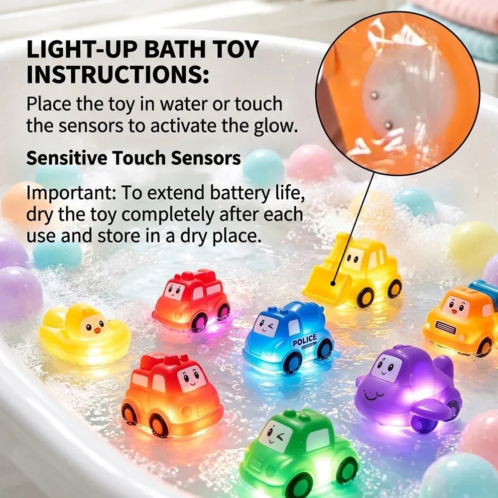 1 Set Cute Cartoon Car Light Up Toy, Vinyl Touch Sensor Vehicle, Colorful Flashing Water Toy for Baby Bath Gift Baby Bath Toys