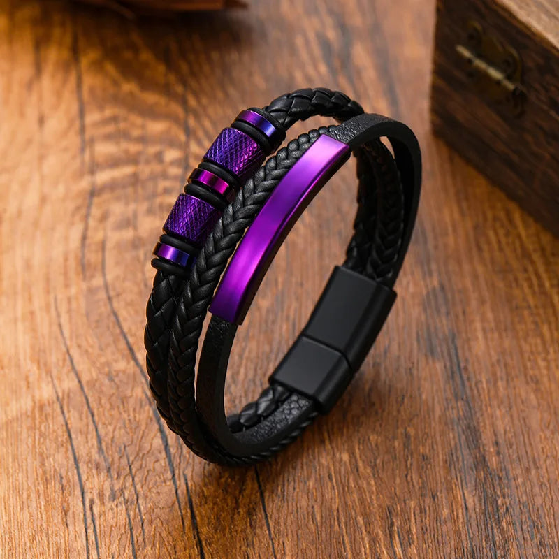 Chunky Leather Bracelets for Men Boys,Multi-layer Bracelets with Stainless Steel Bend Tag,Casual Jewelry Gift to Father Husband