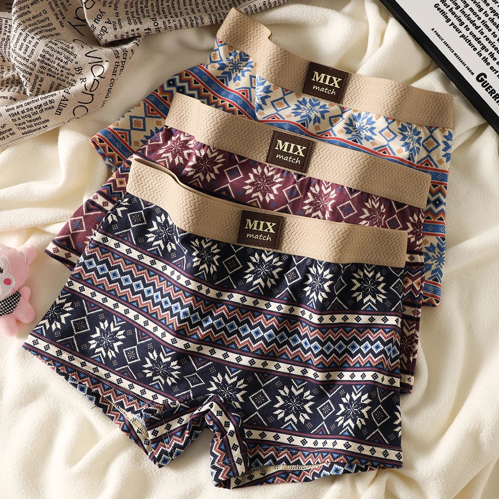 3PCS/Pack Hygroscopic Breathable Women's Panties 100% Cotton Vintage Print Cozy Soft Lingerie High Elastic Waist Safety Shorts