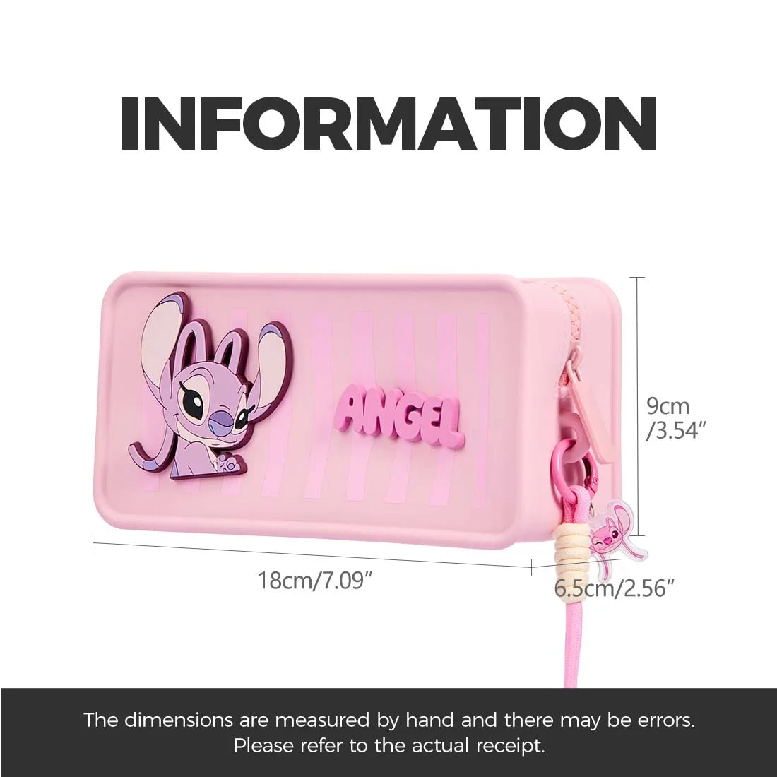 MINISO Disney Stitch Angel Silicone Cosmetic Bag Cute Pink Makeup Organizer Pouch Portable Zipper Toiletry Bag with Wrist Strap