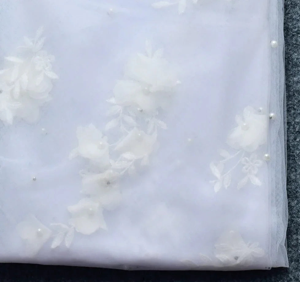 1M/2M Romantic Floral Lace Applique Bridal Veils 3D Organza Flowers One Layer Soft Tulle Wedding Marriage Veils with Comb