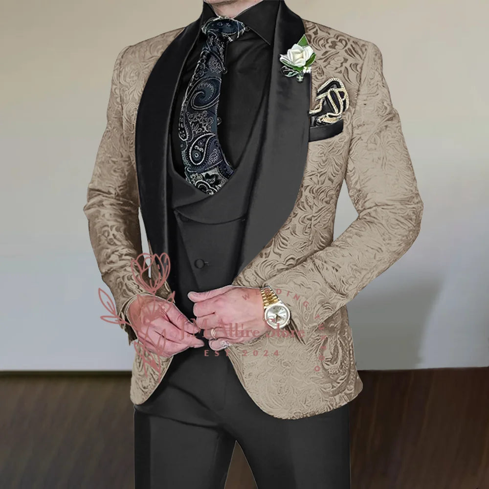 Silver-Grey Jacquard Suit for Men 3Pcs Set Black Satin Jacket Vest Pants Tailored Fit for Wedding Groom Cocktail Party Tuxedo