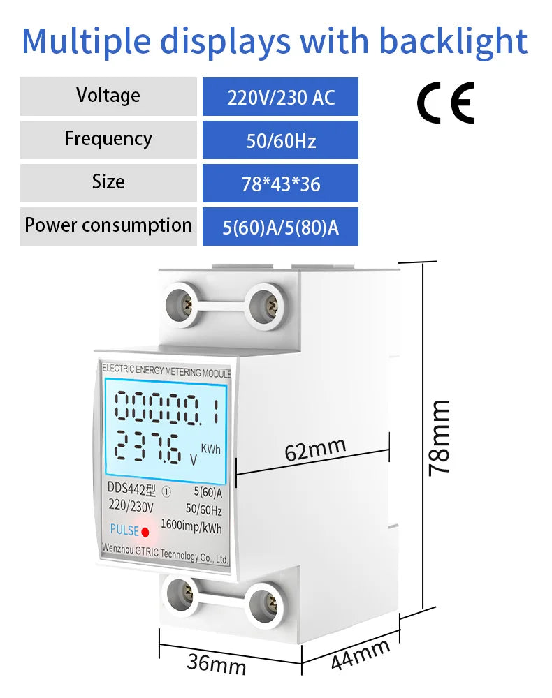 GTRIC Energy Meter 2P Single Phase Voltage Current Power Consumption Meter Wattmeter LCD Digital Display DIN Rail 230VAC 80A