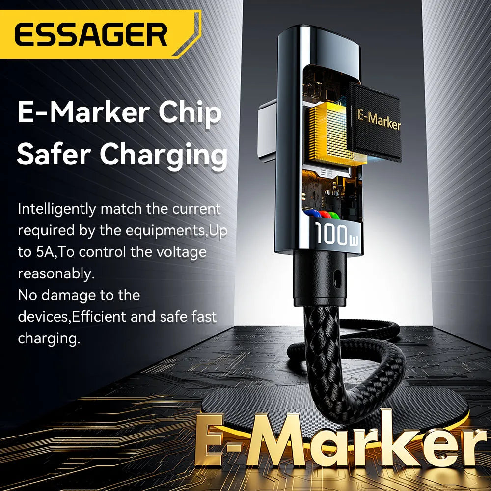 Essager PD100W USB Type C Cable 90 Degree 5A Fasting Charing For iPhone Xiaomi Samsung Huawei Laptops LED Digital Display Cable