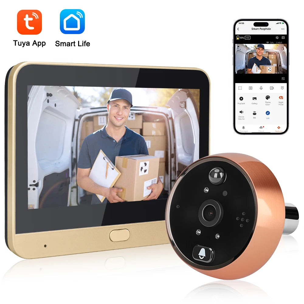 Extractme 4.3 Inch Wifi Smart Doorbell Camera Tuya 1080P Full HD Door Peephole Camera with PIR Detection Doorbell Видеоглазок